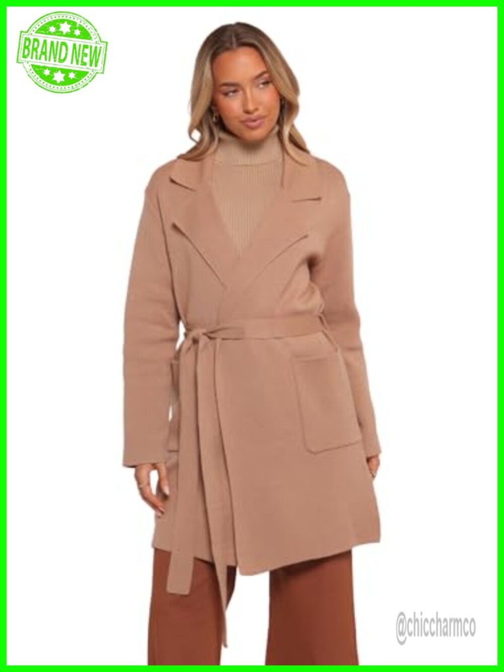 Trench Coatigan with Notch Lapels Waist Tie Open Front